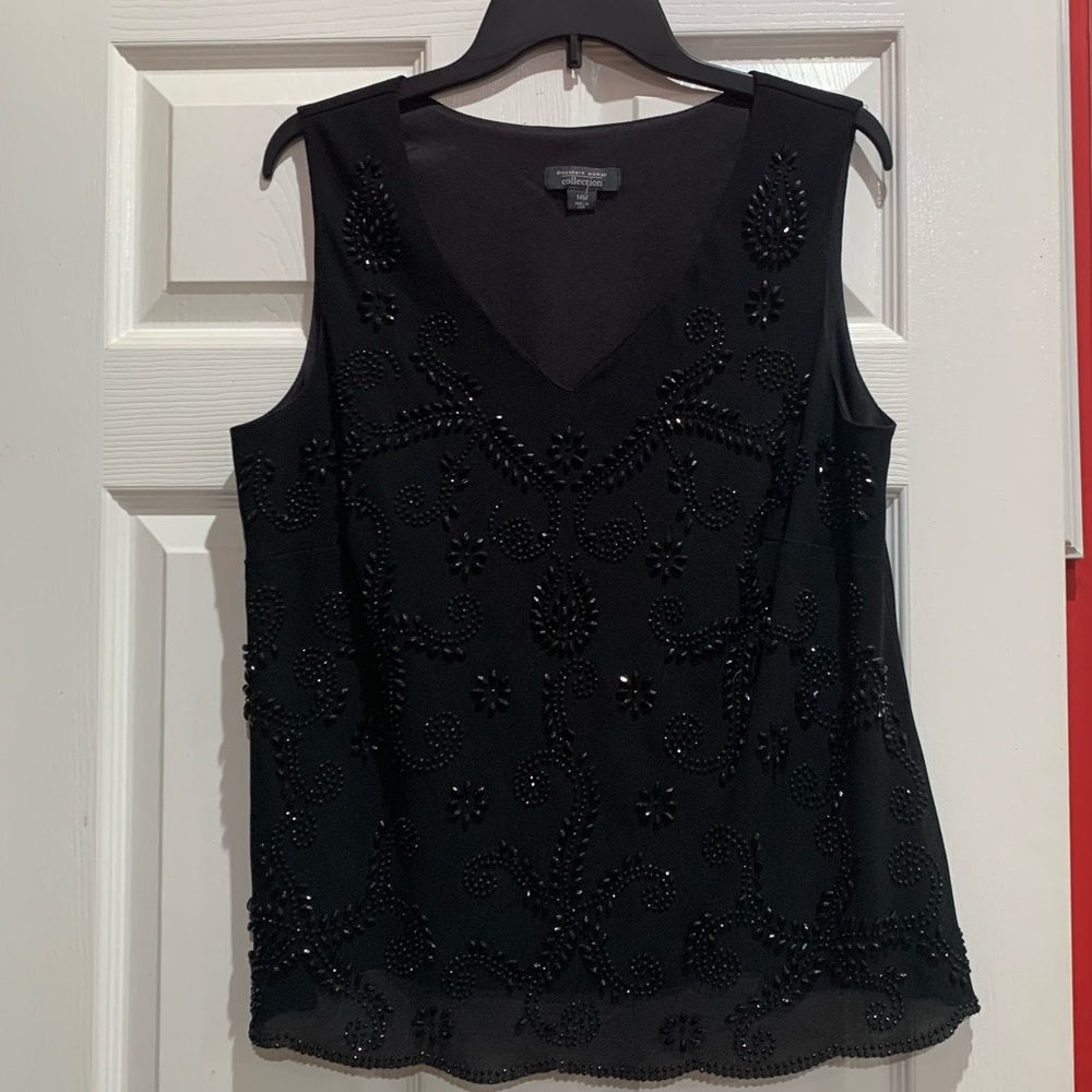 Dressbarn Woman Collection Black Bead Sleeveless V-Neck Blouse